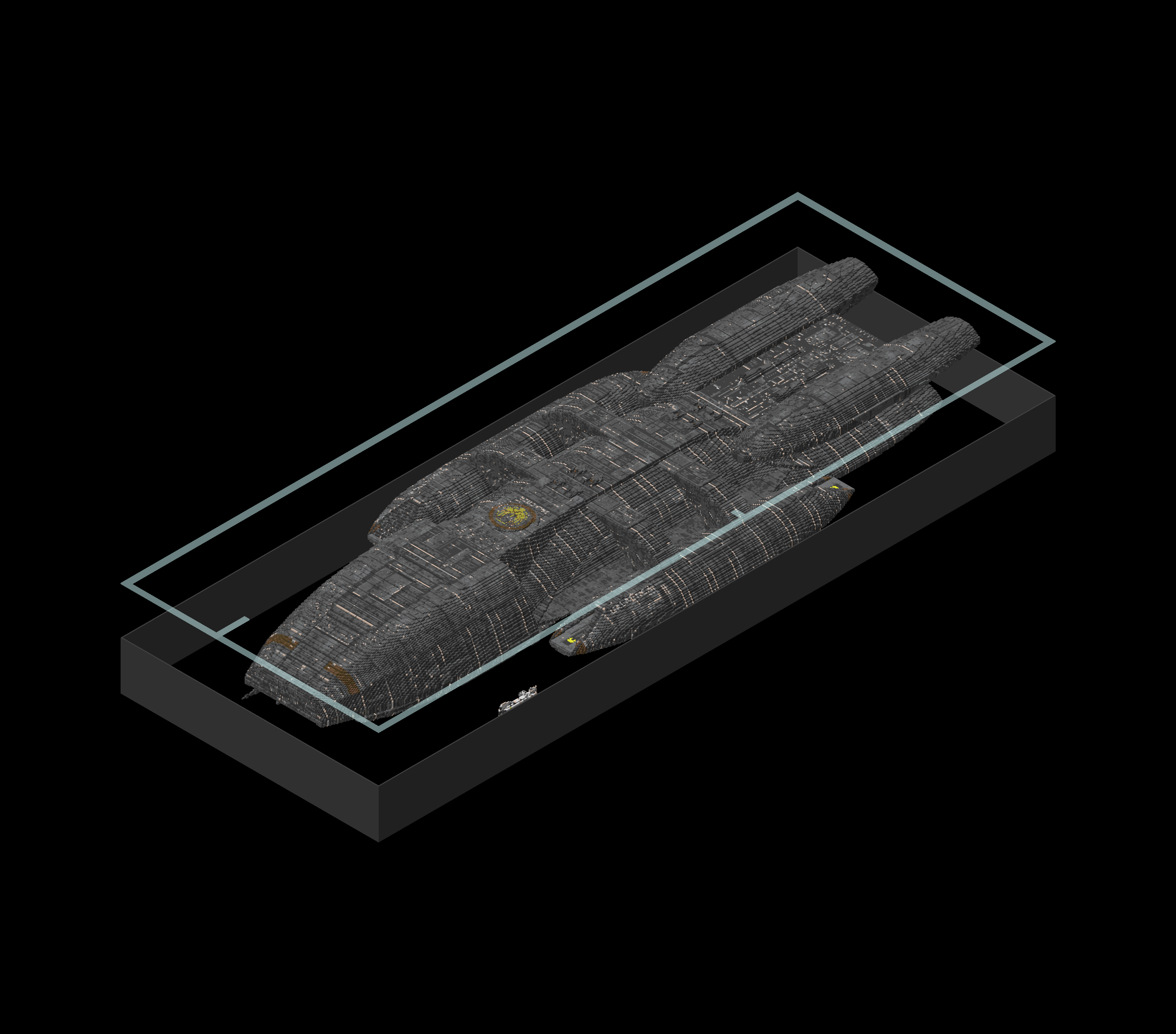 An isometric render of the released Battlestar Galactica Minecraft map made by osici, showing the glass walkway
