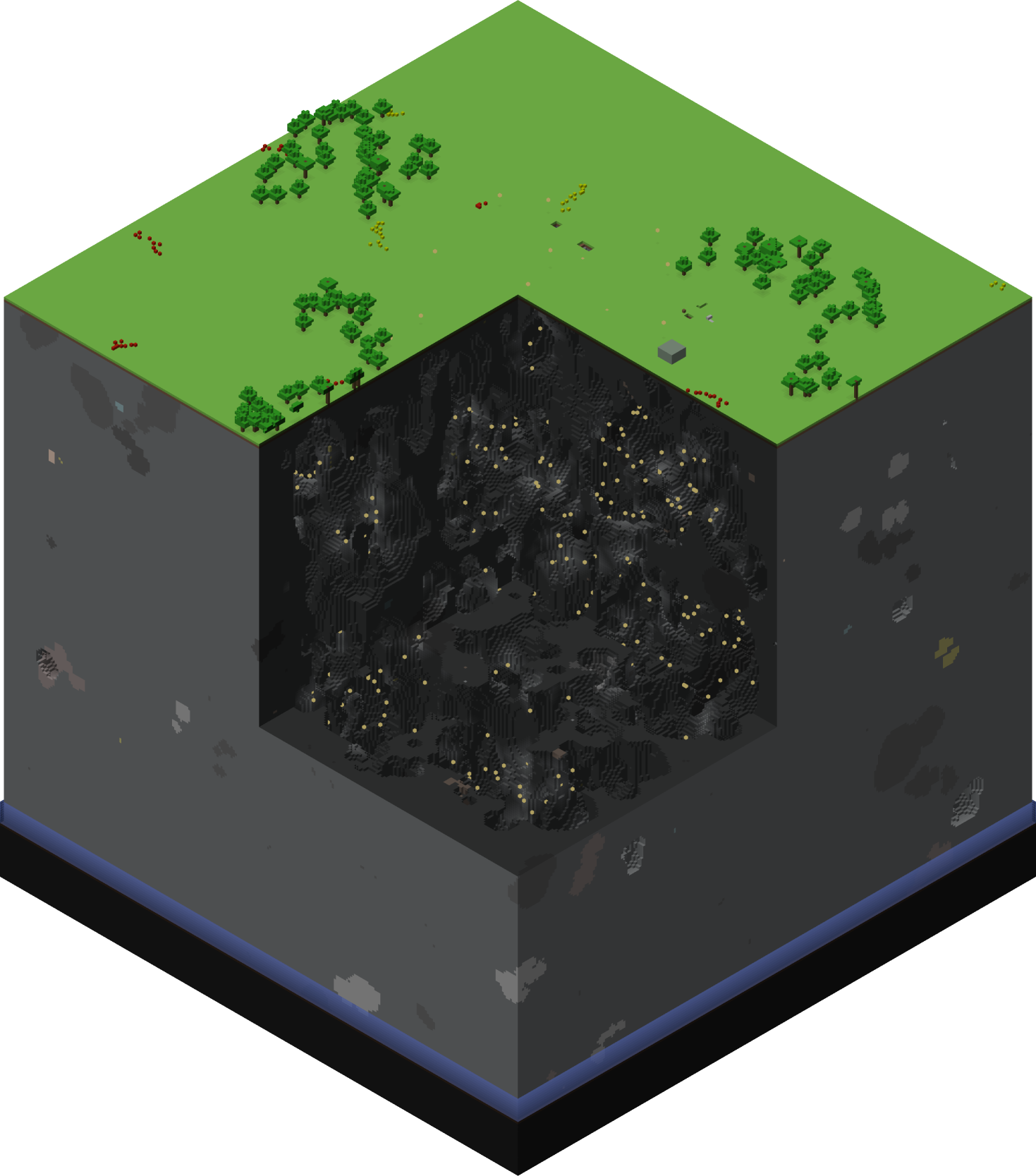 A Minecraft screenshot showing huge stone caves that enclose the whole map with an underground lake and white fog.