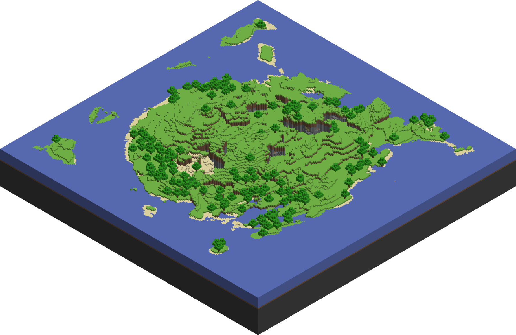 A Minecraft screenshot showing huge stone caves that enclose the whole map with an underground lake and white fog.