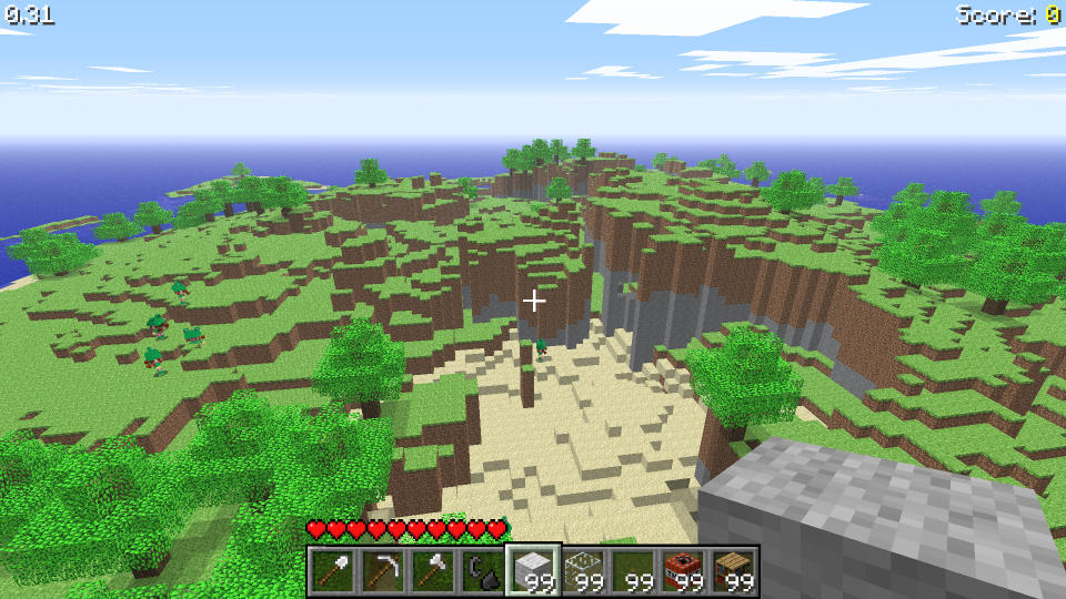 A Minecraft screenshot showing huge stone caves that enclose the whole map with an underground lake and white fog.