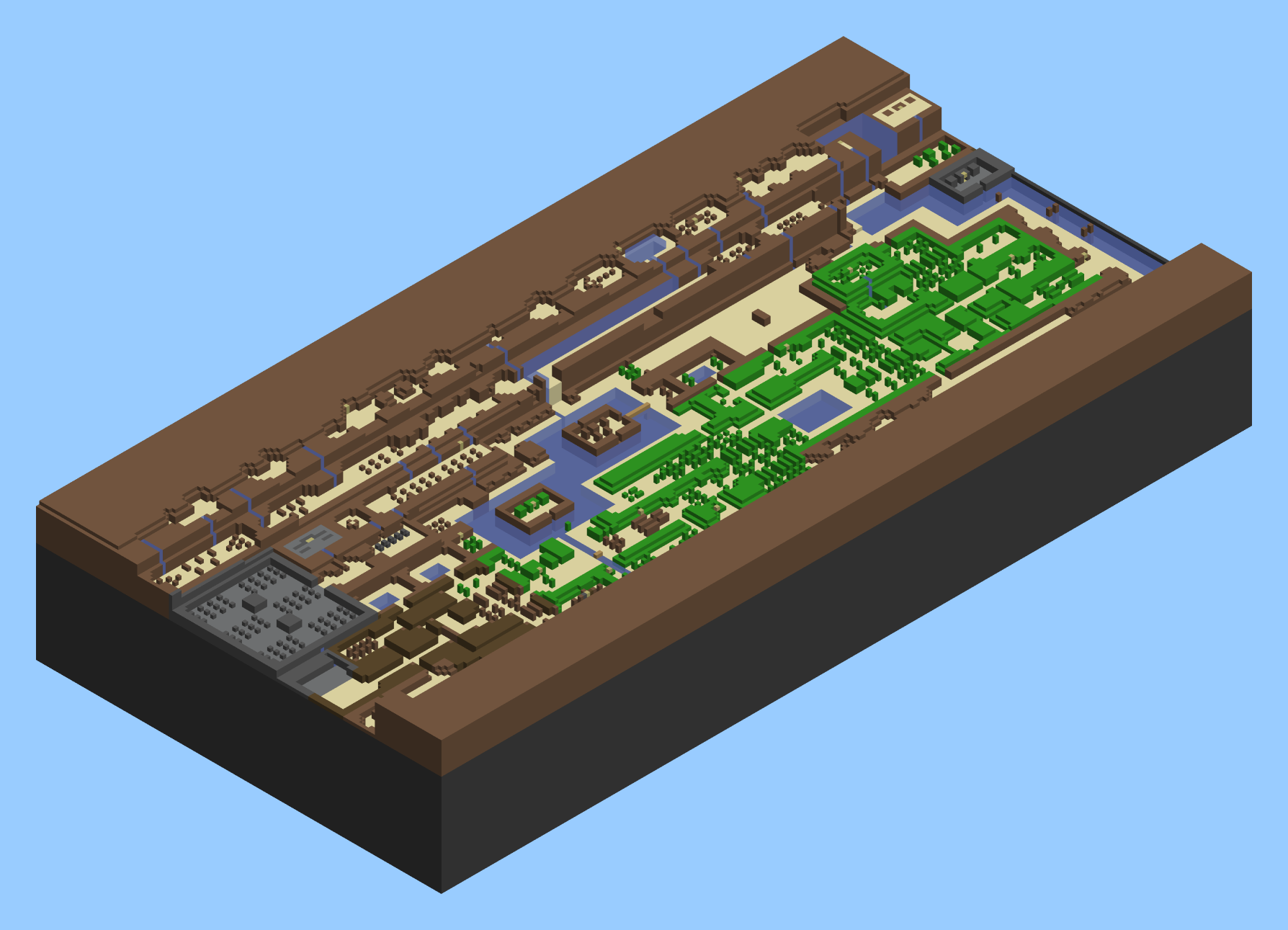 An isometric render of the cropped Legend of Zelda overworld Minecraft map made by osici