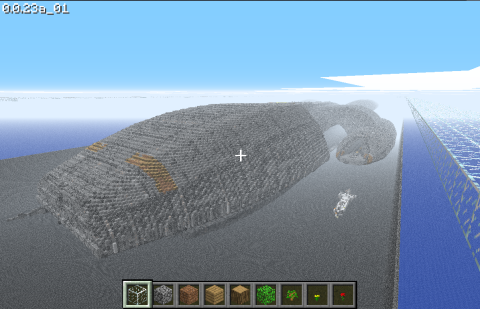 Small Battlestar Galactica map converted from a 3D model to Minecraft using Ken Silverman’s voxel tool and Omen's converter