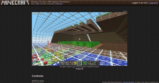 A glass and dirt building in the sky in Classic 0.0.23a_01, showing the Minecraft webpage.