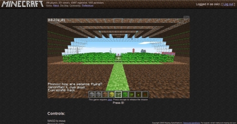 A third angle of the glass and dirt building, showing the Minecraft webpage logged in as osici.
