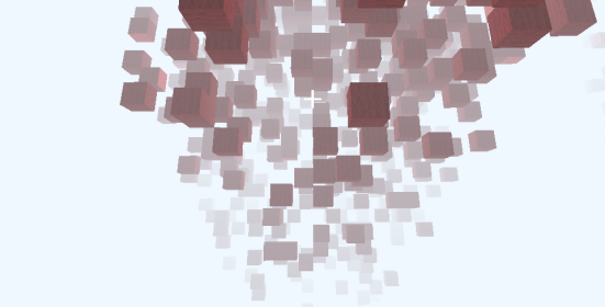 Scattered floating red wool blocks, like above but with more fog.
